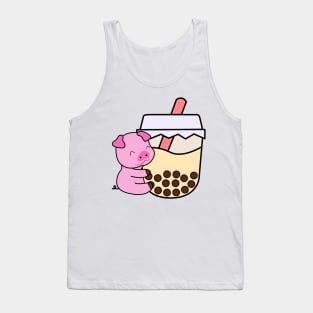 Cute Happy Baby Pig Hugs Sweet Bubble Tea Cream Boba Tea Kawaii Tank Top